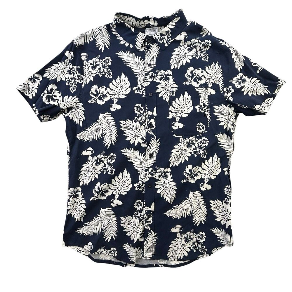 Peanuts Snoopy Hawaiian Shirt Mens L Blue White Floral Camp Short Sleeve